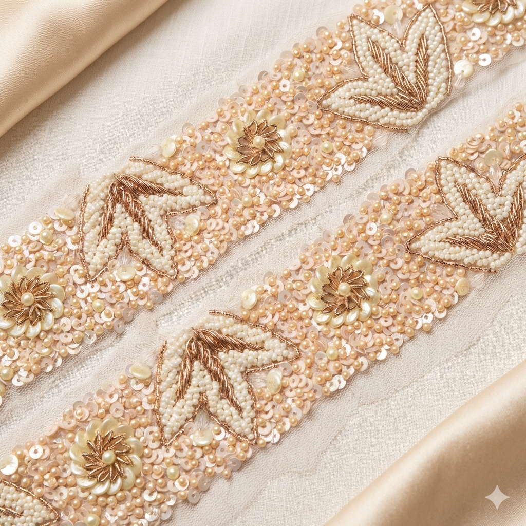 Rose Gold Floral Pearl & Sequin Heavy Hand Embroidered Lace Border