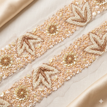 Rose Gold Floral Pearl & Sequin Heavy Hand Embroidered Lace Border