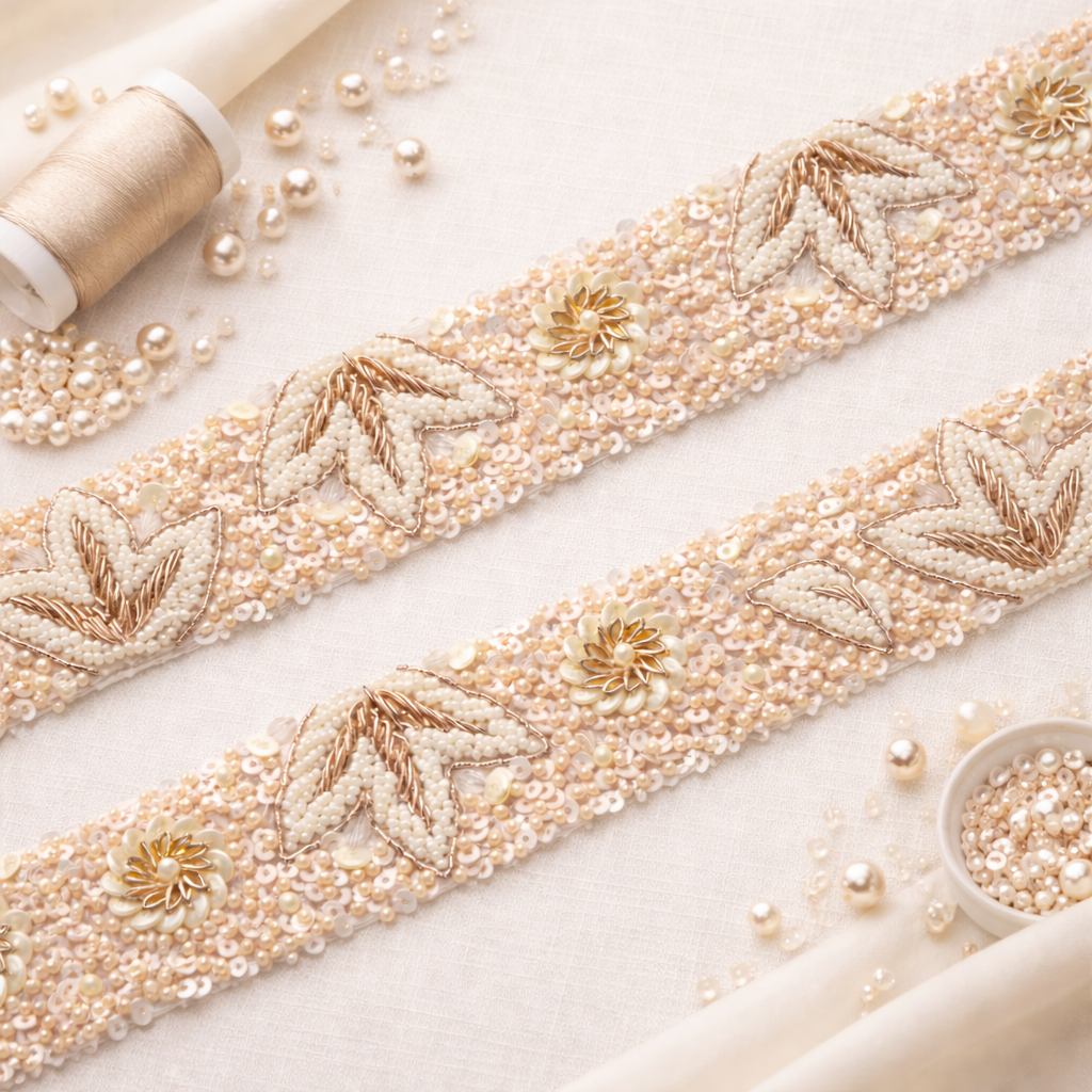 Rose Gold Floral Pearl & Sequin Heavy Hand Embroidered Lace Border