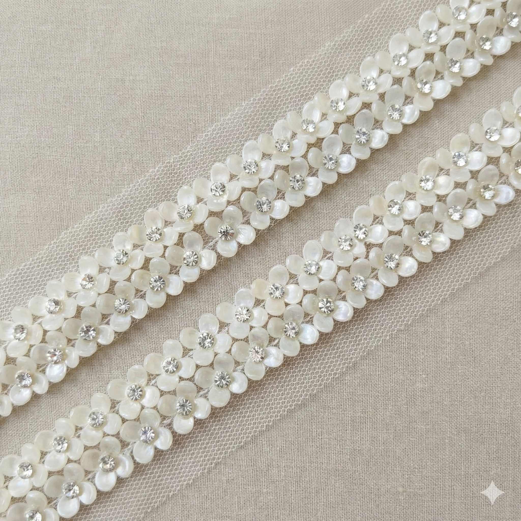 White Fancy Floral Embellished Handwork Trim