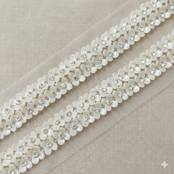 White Fancy Floral Embellished Handwork Trim