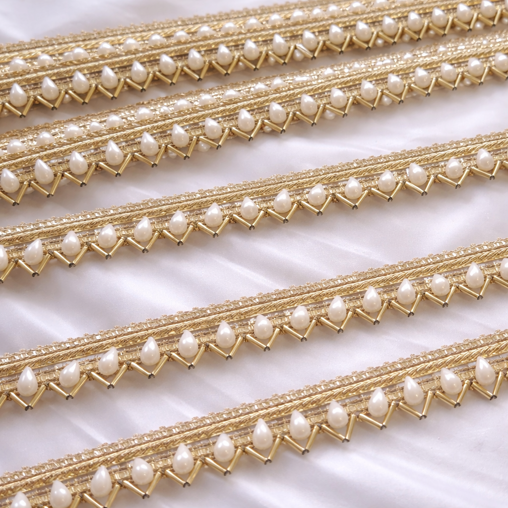Teardrop Pearl & Cutdana Embroidered Border Lace with Metallic Detailing
