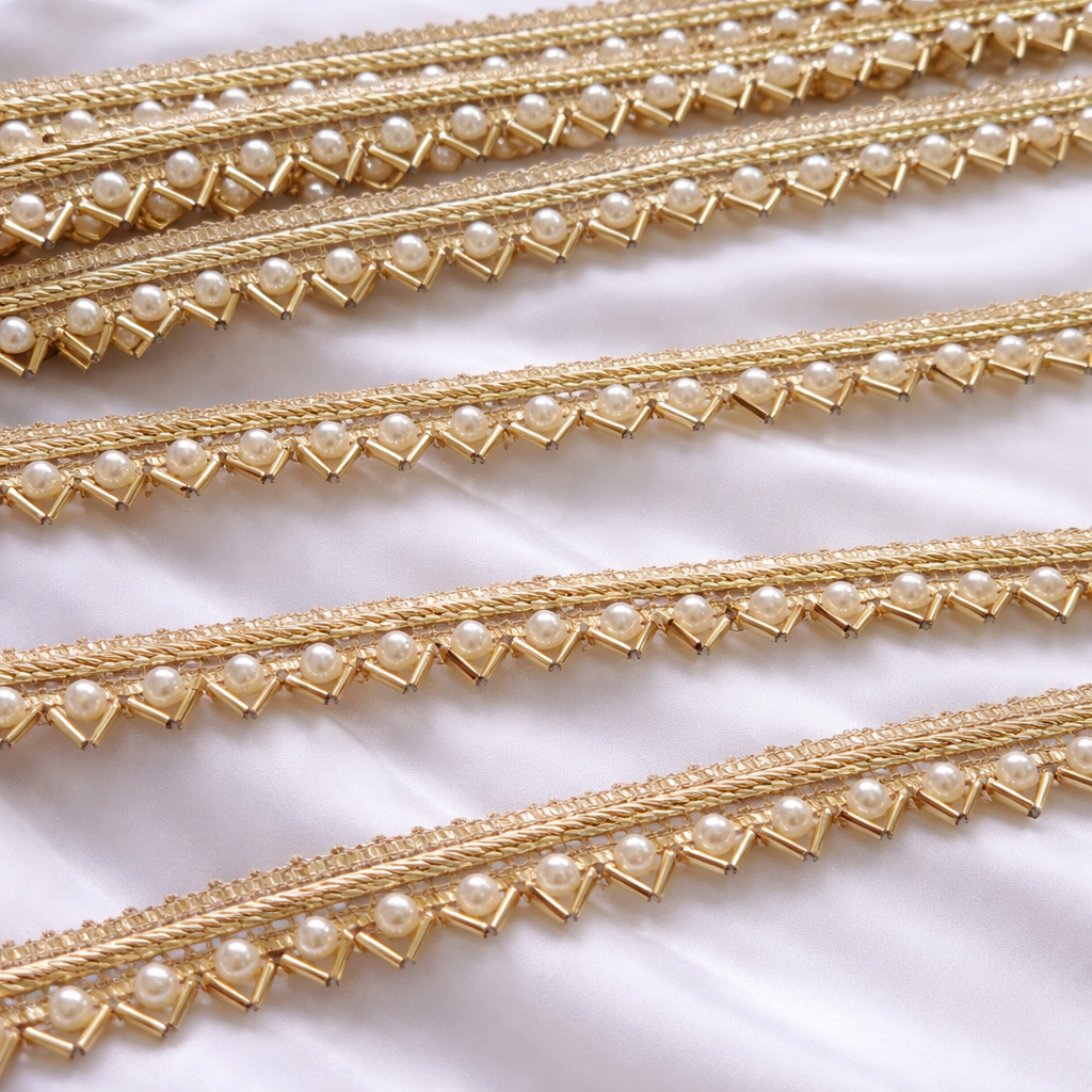 Pearl & Metallic Bead Embroidered Border Lace with Geometric Detailing
