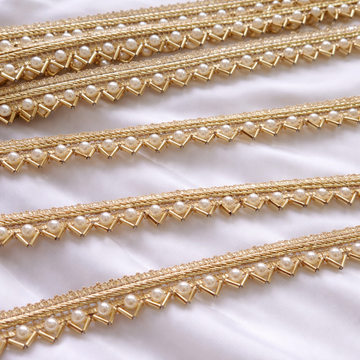 Pearl & Metallic Bead Embroidered Border Lace with Geometric Detailing