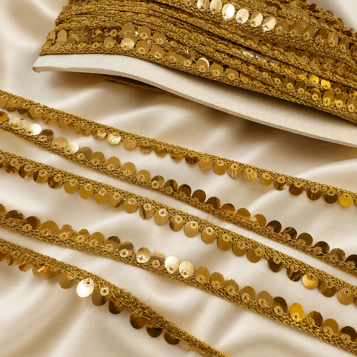 Metallic Sequin Embellished Narrow Lace Trim for Festive & Designer Wear