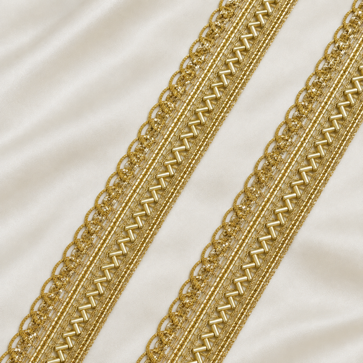 Chevron Bugle Bead Metallic Cord Scalloped Lace Trim