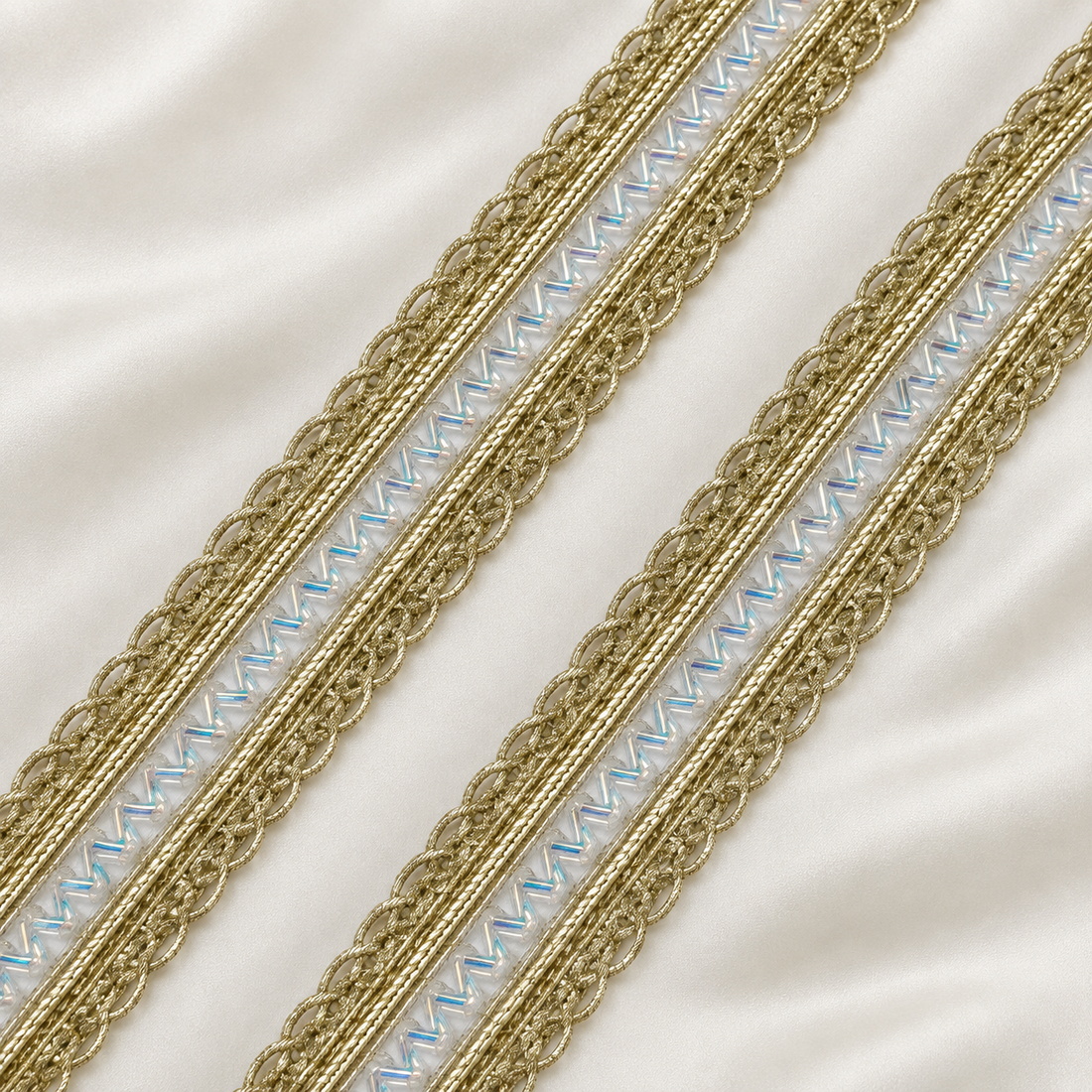 Chevron Bugle Bead Metallic Cord Scalloped Lace Trim