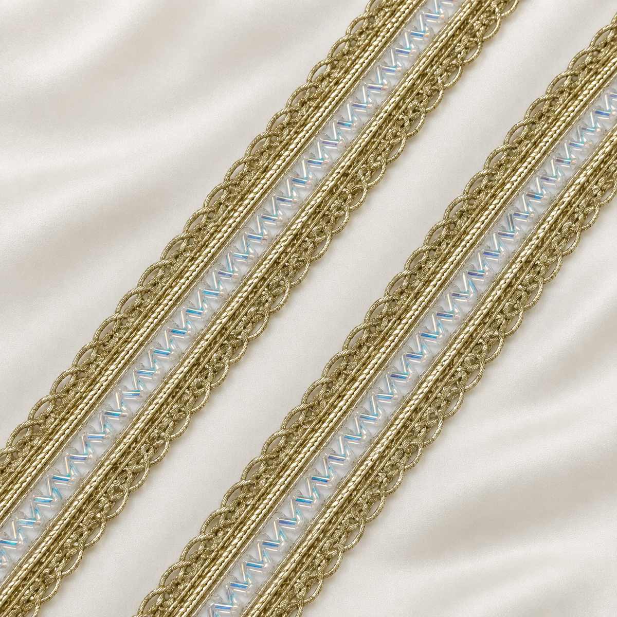 Chevron Bugle Bead Metallic Cord Scalloped Lace Trim