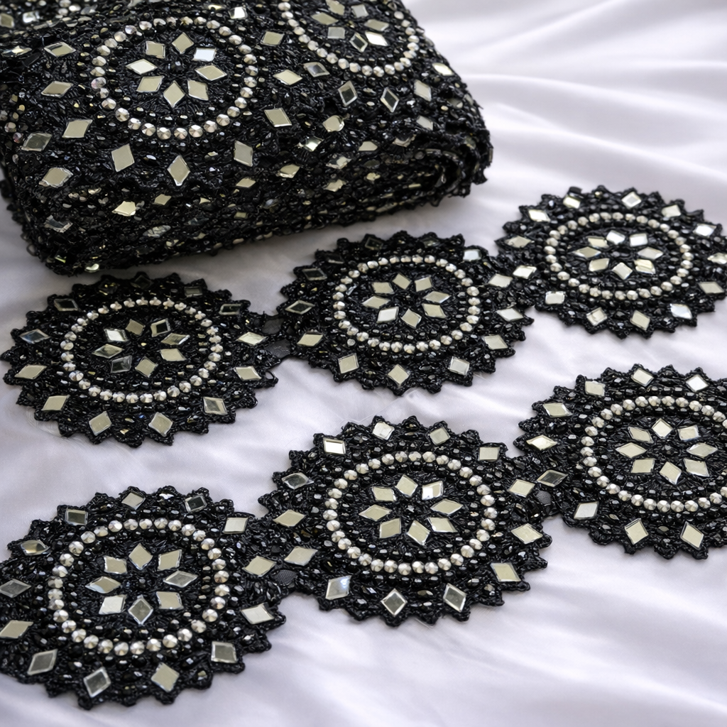 Multicolor Mirror Work Embroidered Trim with Circular Motif