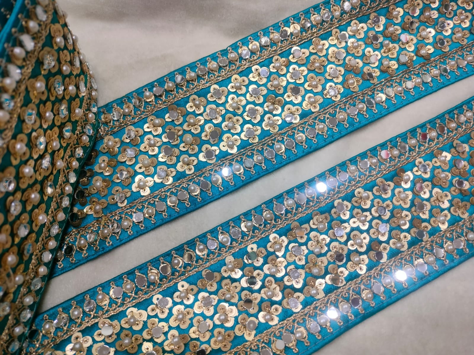 Light Blue Pearl and Mirror Embellished Trim