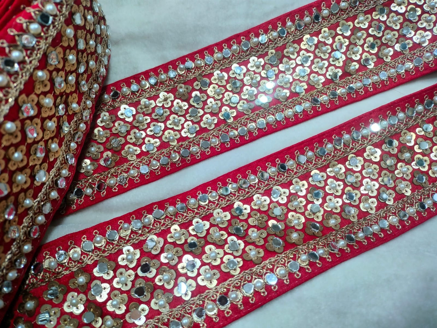 Red Pearl and Mirror Embellished Trim