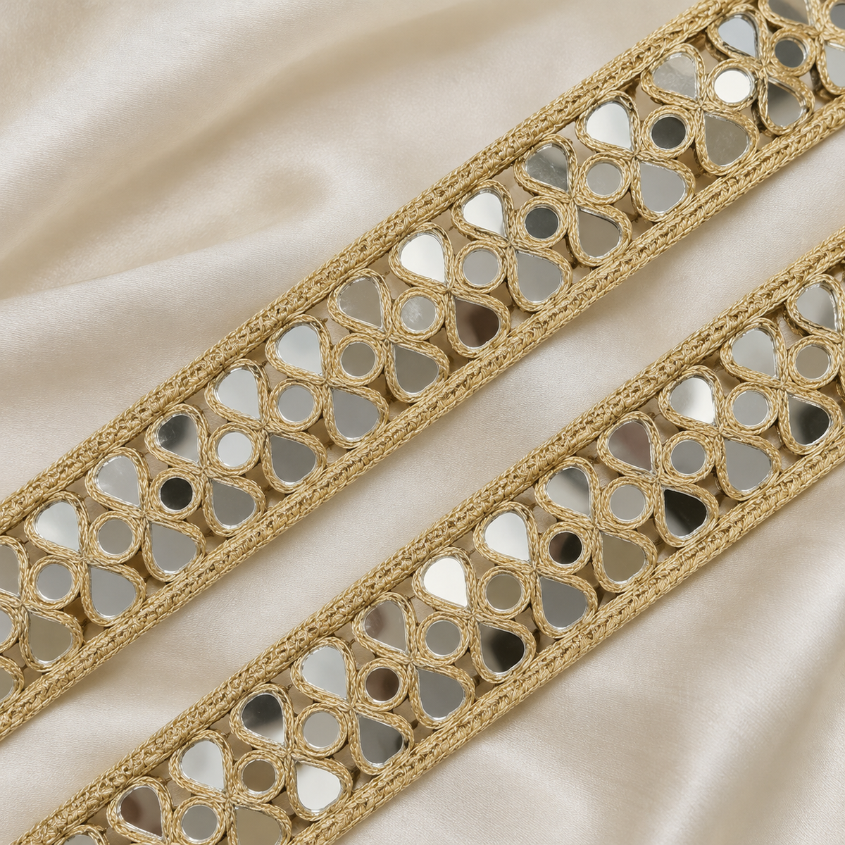 Floral Teardrop Mirror Work Embroidered Lace Border