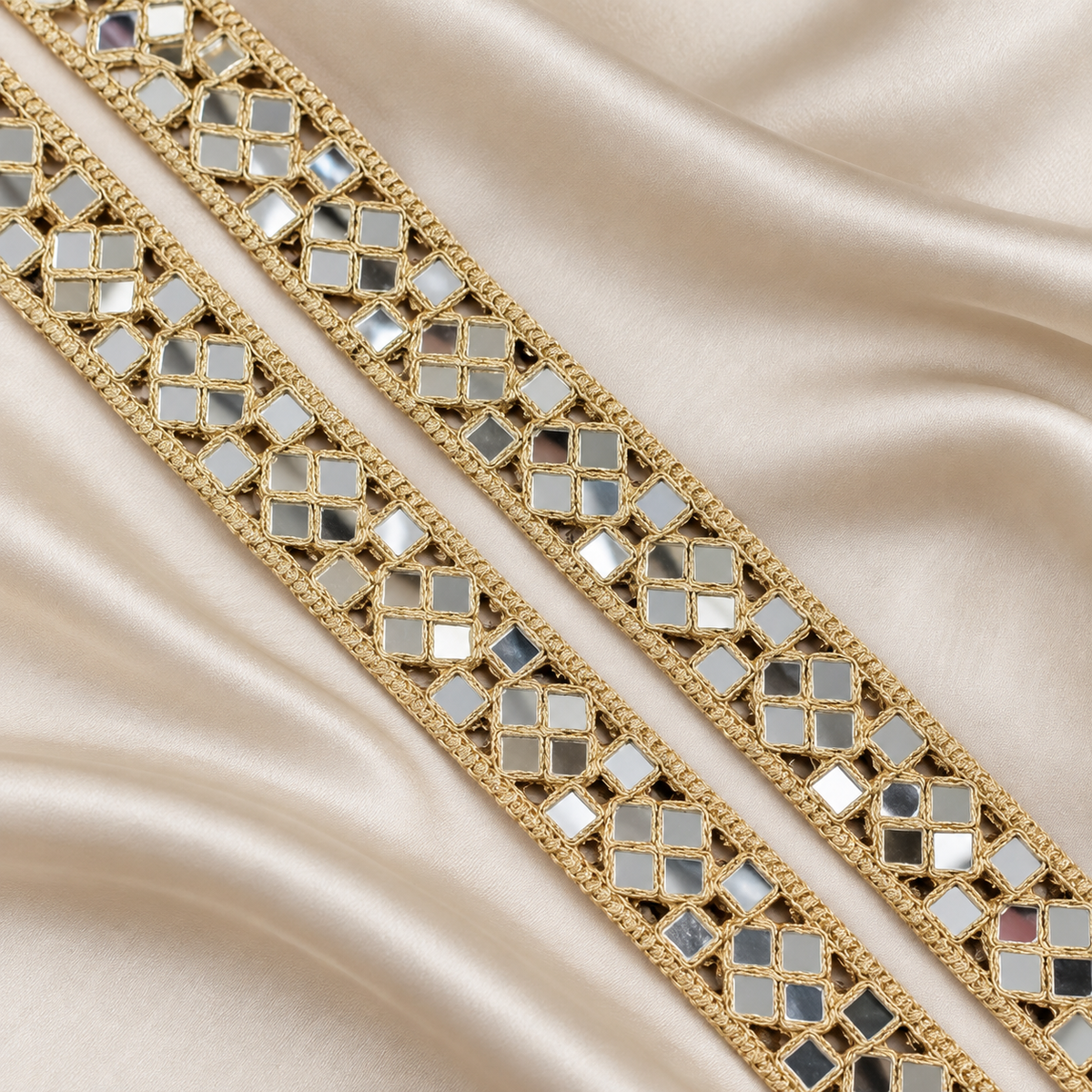 Elegant Square Mirror Work Embroidered Lace Trim with Geometric Patterns for Designer Wear