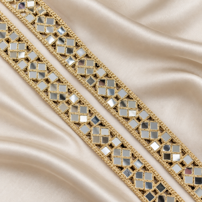 Elegant Square Mirror Work Embroidered Lace Trim with Geometric Patterns for Designer Wear