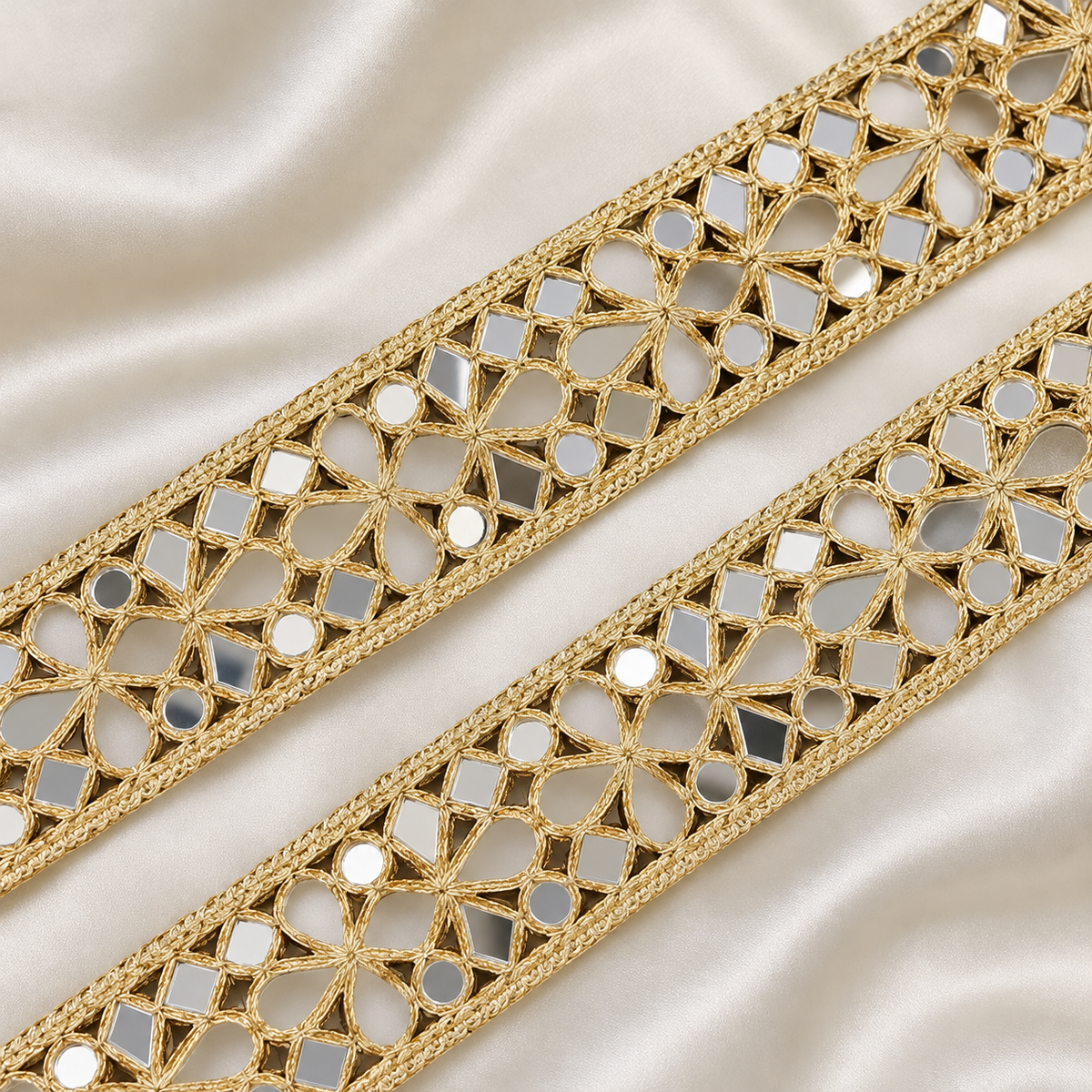 Elegant Floral Openwork Mirror Embroidered Lace Border for Bridal & Ethnic Wear