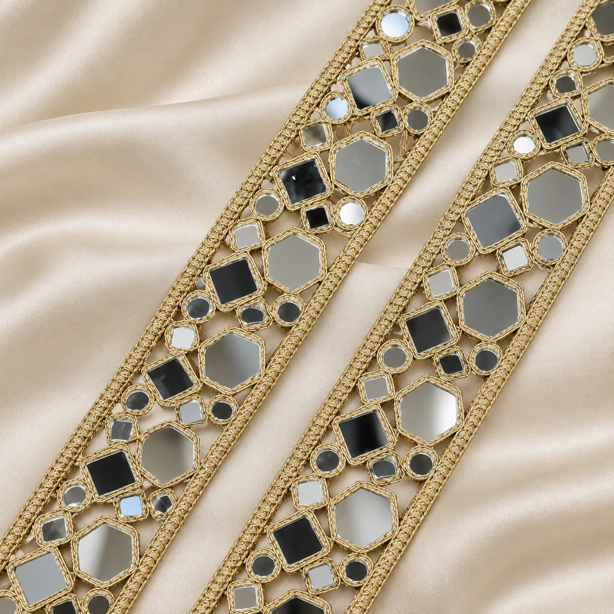 Ornate Mixed Geometric Mirror Work Embroidered Lace Border for Bridal & Designer Wear