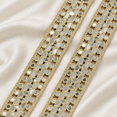Geometric Crescent, Round & Diamond Mirror Work Embroidered Lace Border for Designer Wear
