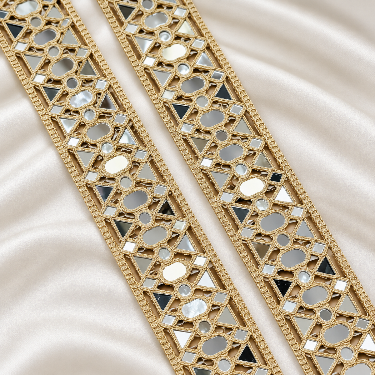 Ornate Oval & Triangle Mirror Work Embroidered Lace Border