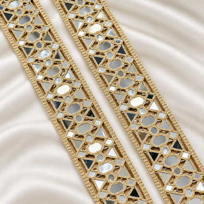Ornate Oval & Triangle Mirror Work Embroidered Lace Border