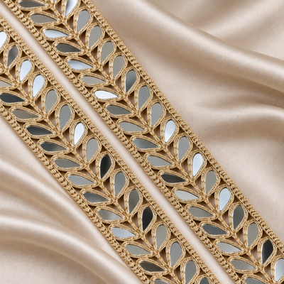 Elegant Teardrop Mirror Work Embroidered Lace Border with Leaf-Inspired Motifs for Designer Wear