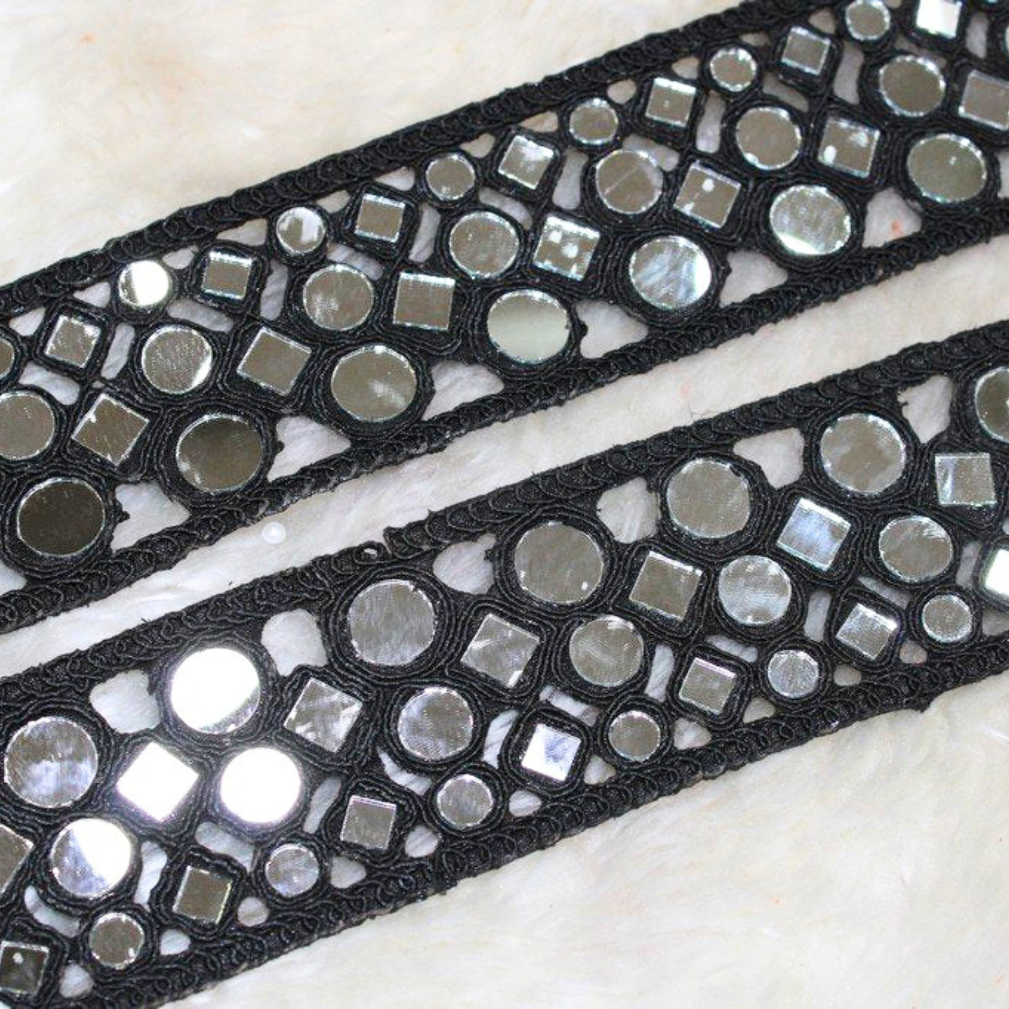 Geometric Mirror Work Embroidered Lace Border for Ethnic & Bridal Wear