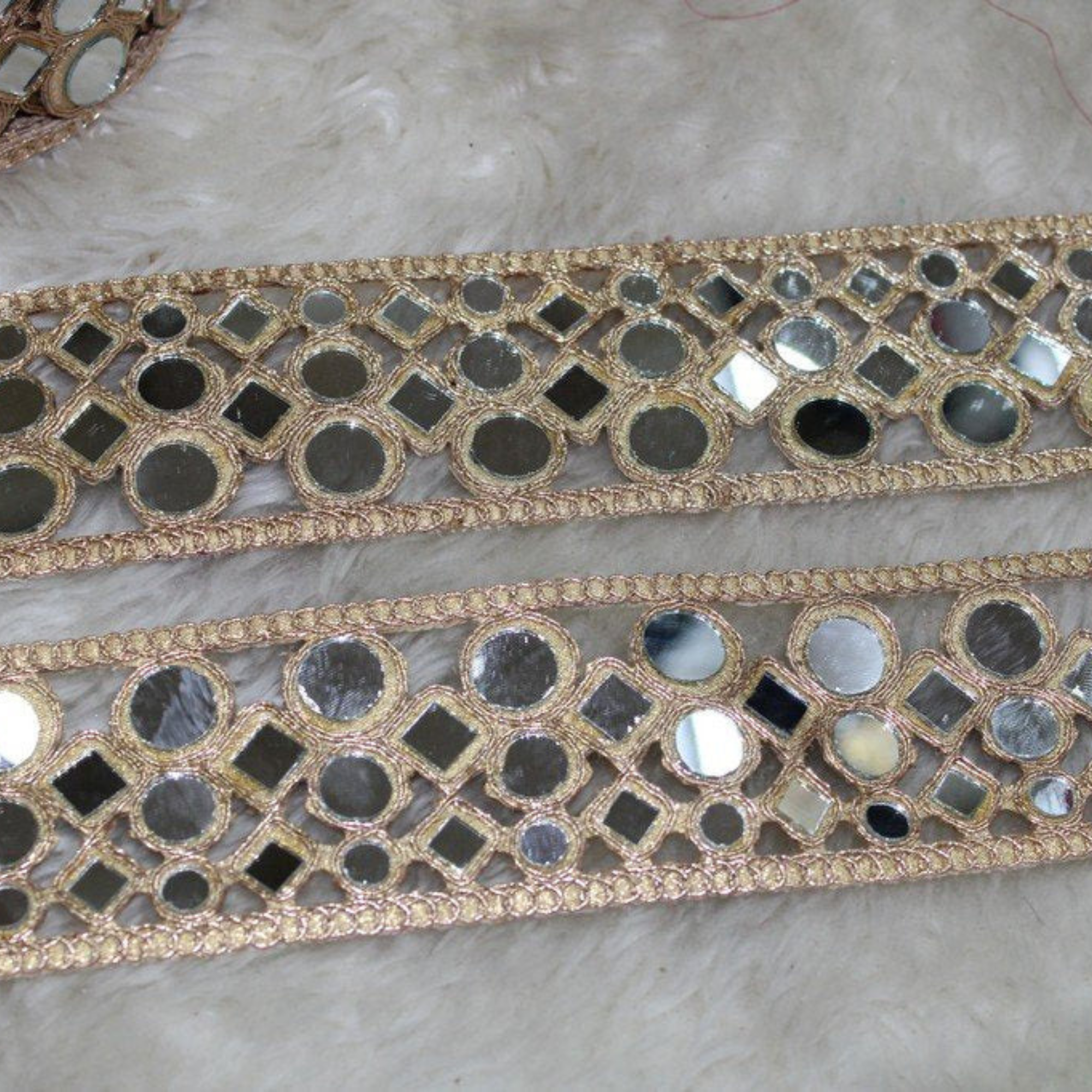 Geometric Mirror Work Embroidered Lace Border for Ethnic & Bridal Wear