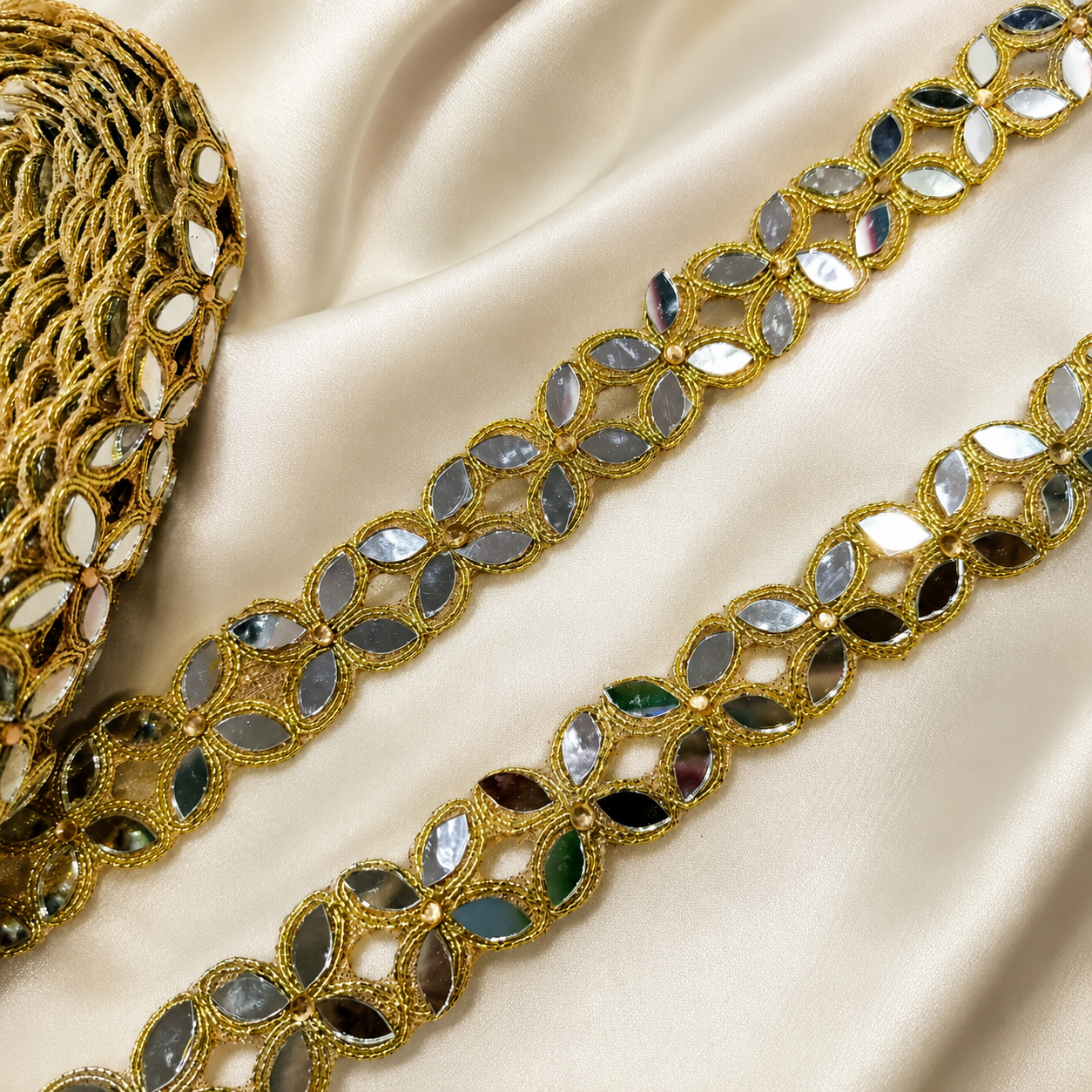 Handcrafted Mirror Floral Lace Trim for Bridal, Festive & Designer Wear
