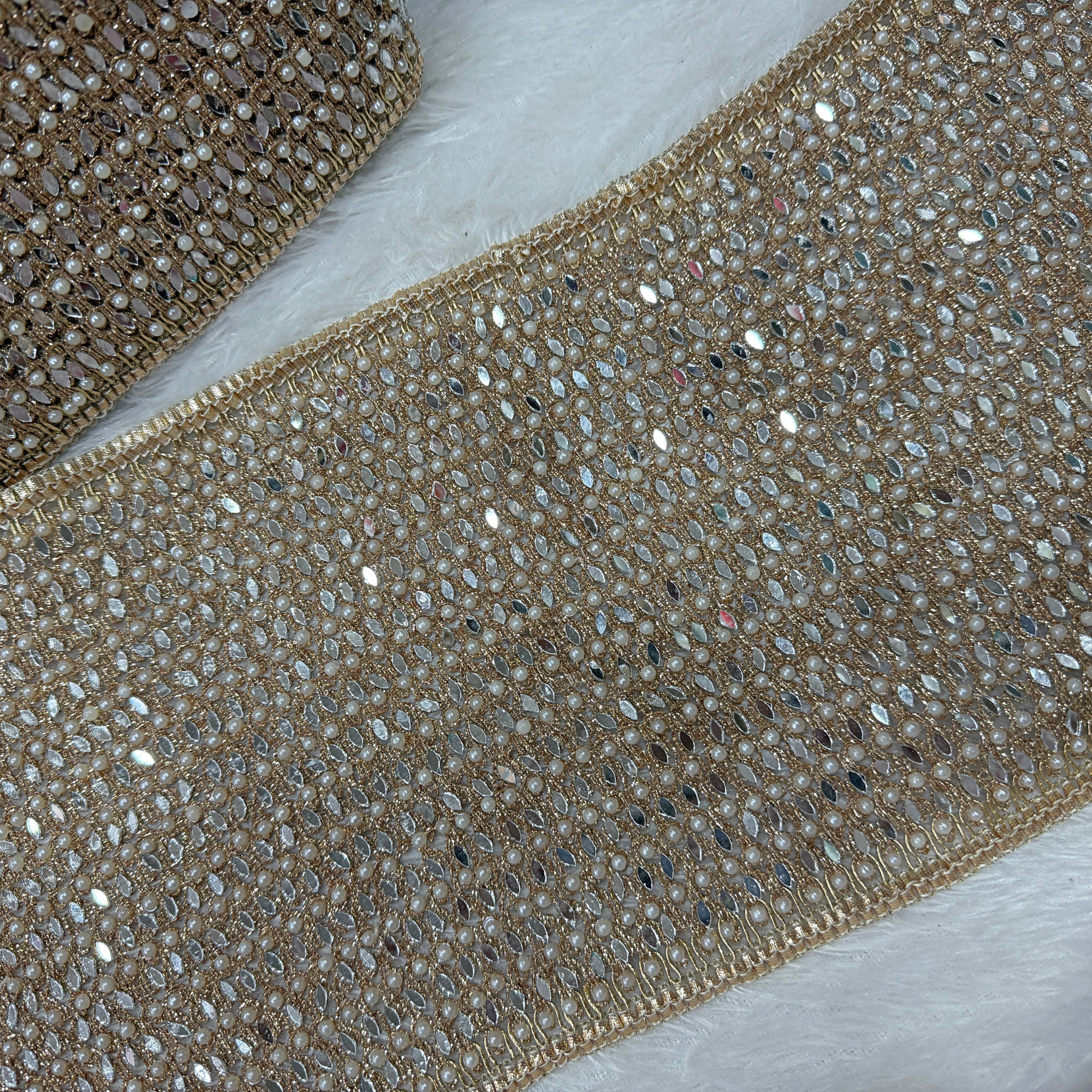 Luxury Pearl & Mirror Embellished Bridal Lace Border