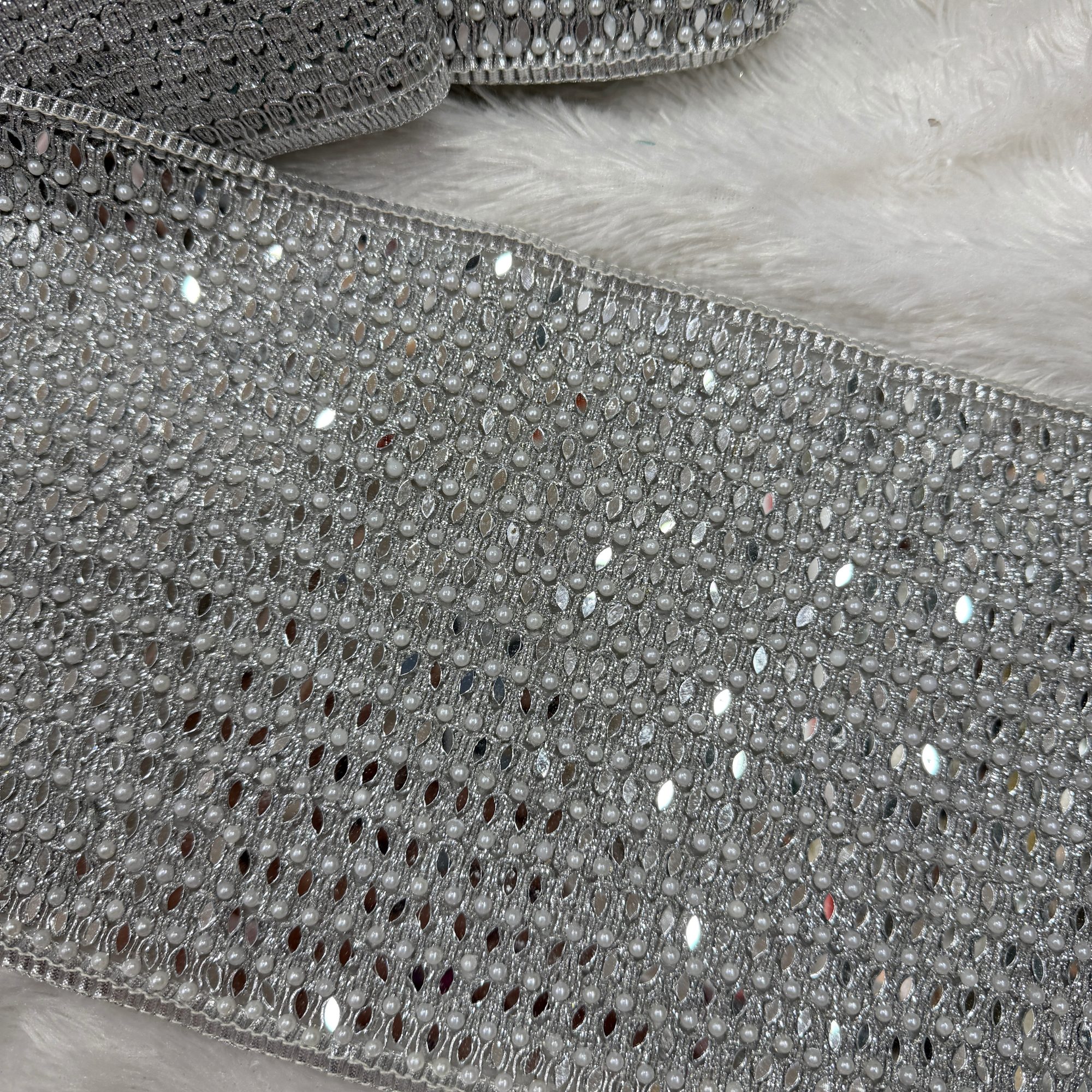 Luxury Pearl & Mirror Embellished Bridal Lace Border