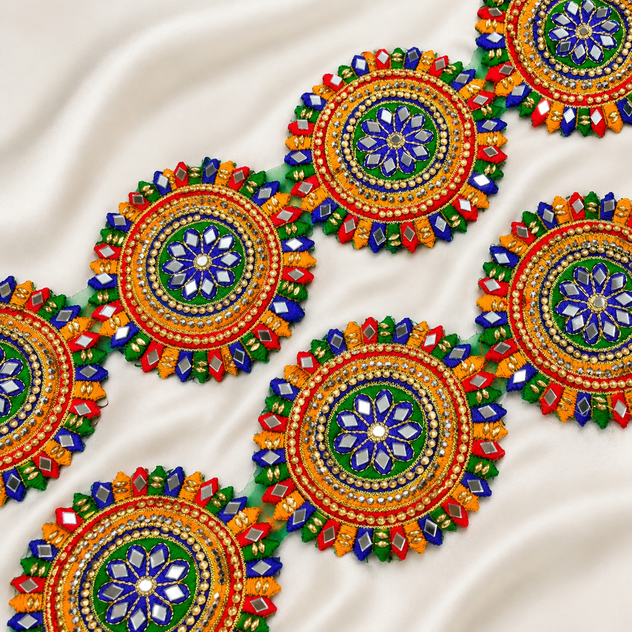 Circular Mirror Work Embroidered Patch Trim for Festive & Designer Wear
