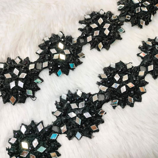 Black Floral Mirror Work Trim Embellishments