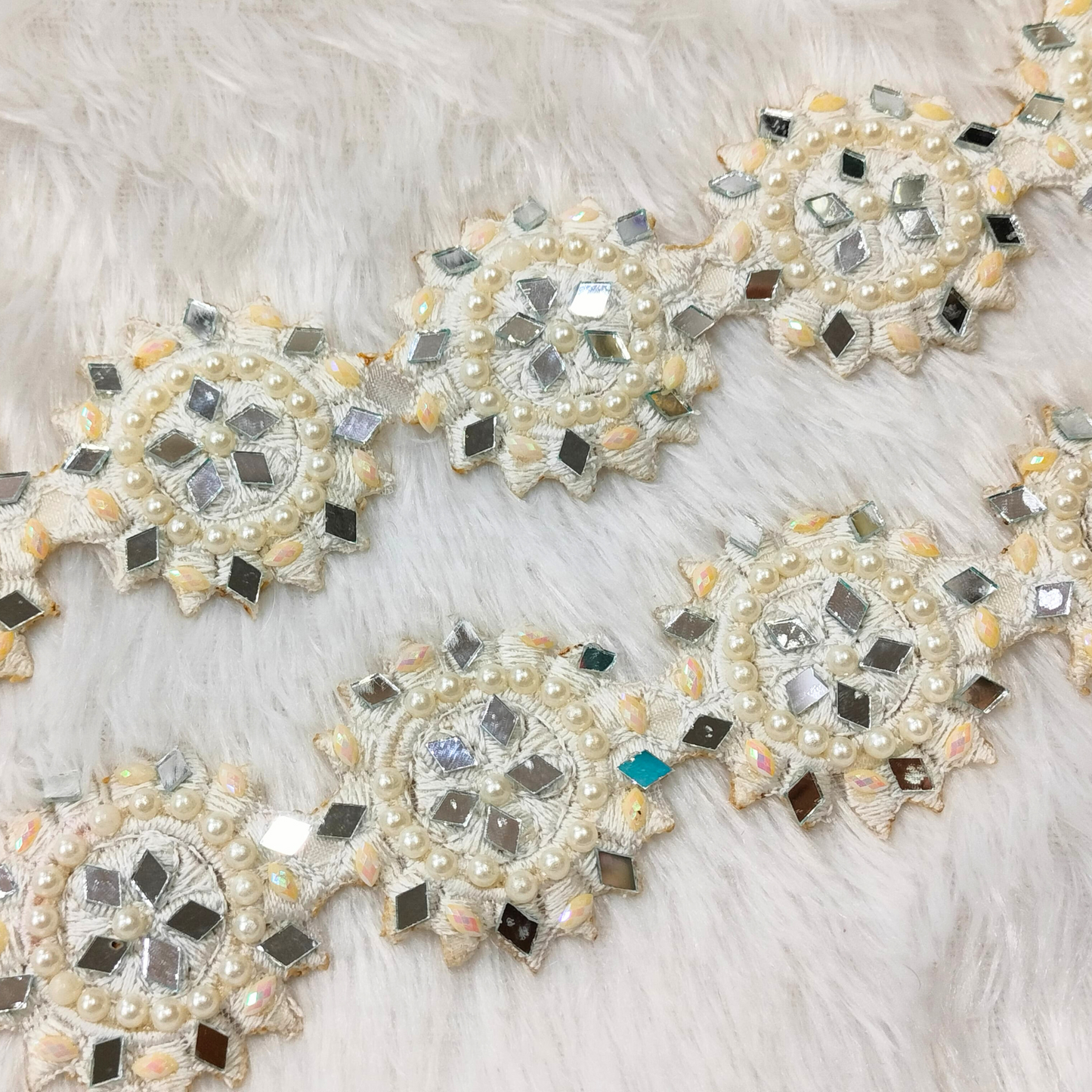 White Floral Mirror Work Trim Embellishments