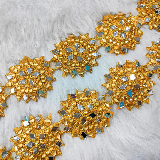 Dark Gold Floral Mirror Work Trim Embellishments