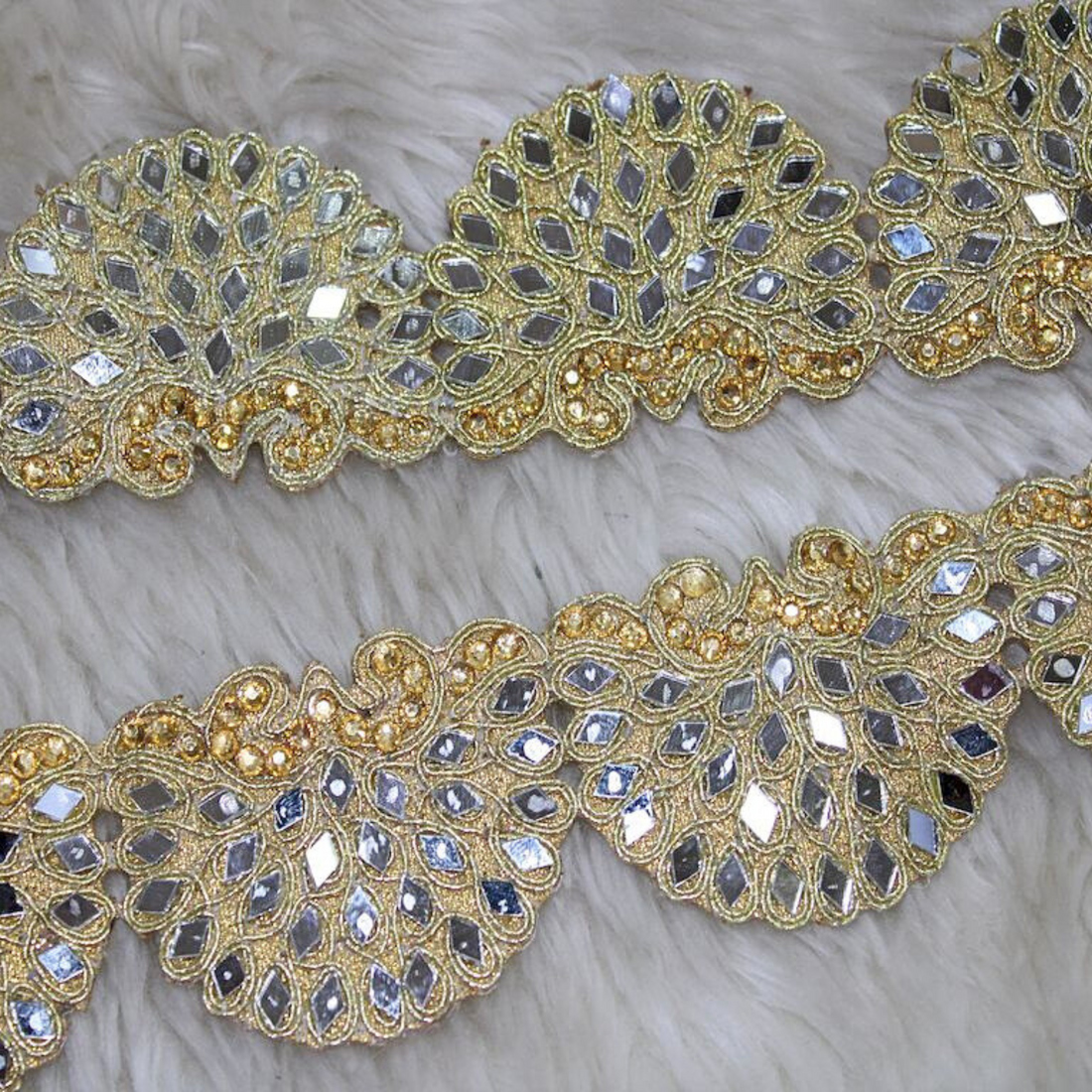 Mirror and Stone Work Scalloped Embroidered Border