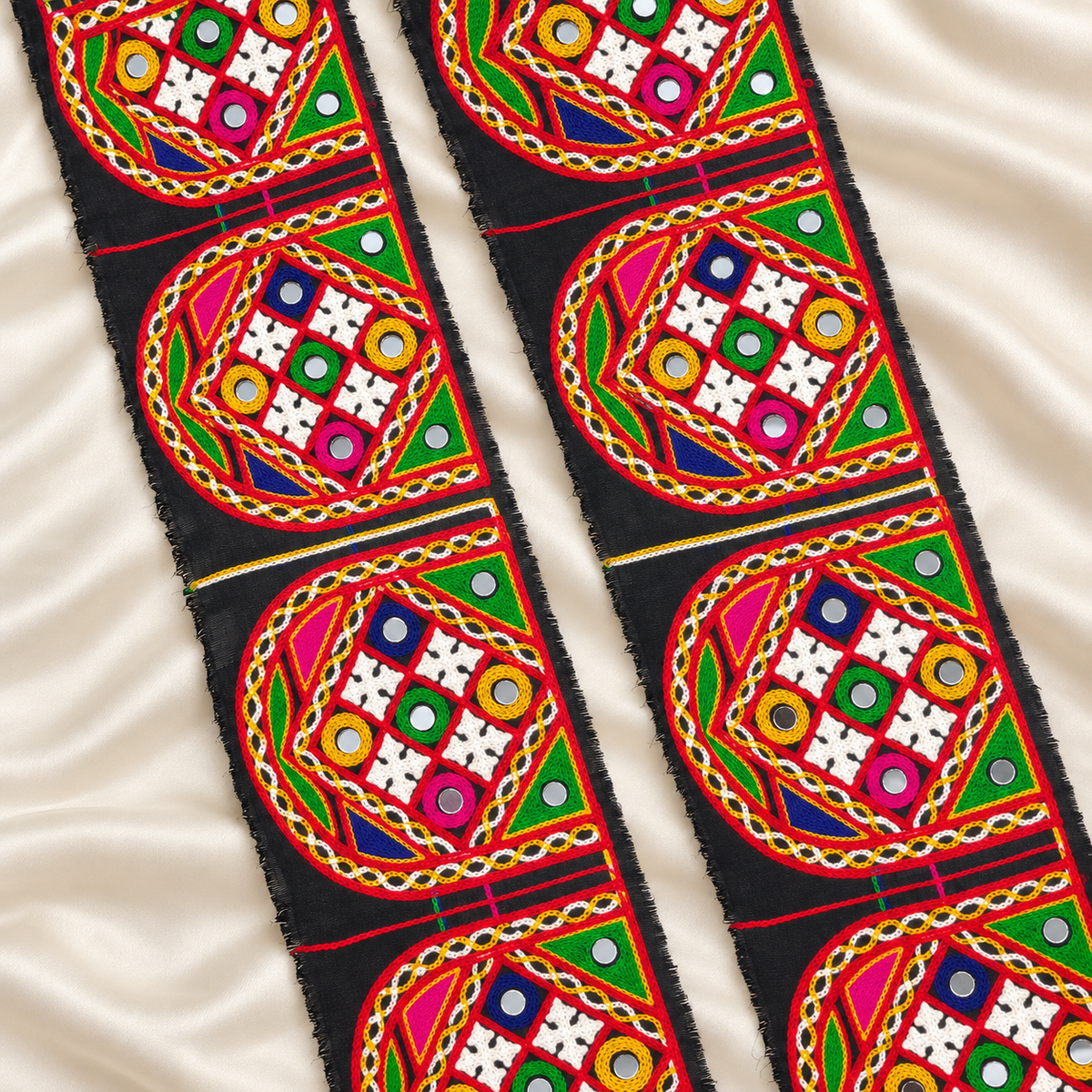 Geometric Medallion Mirror Work Wide Embroidered Border