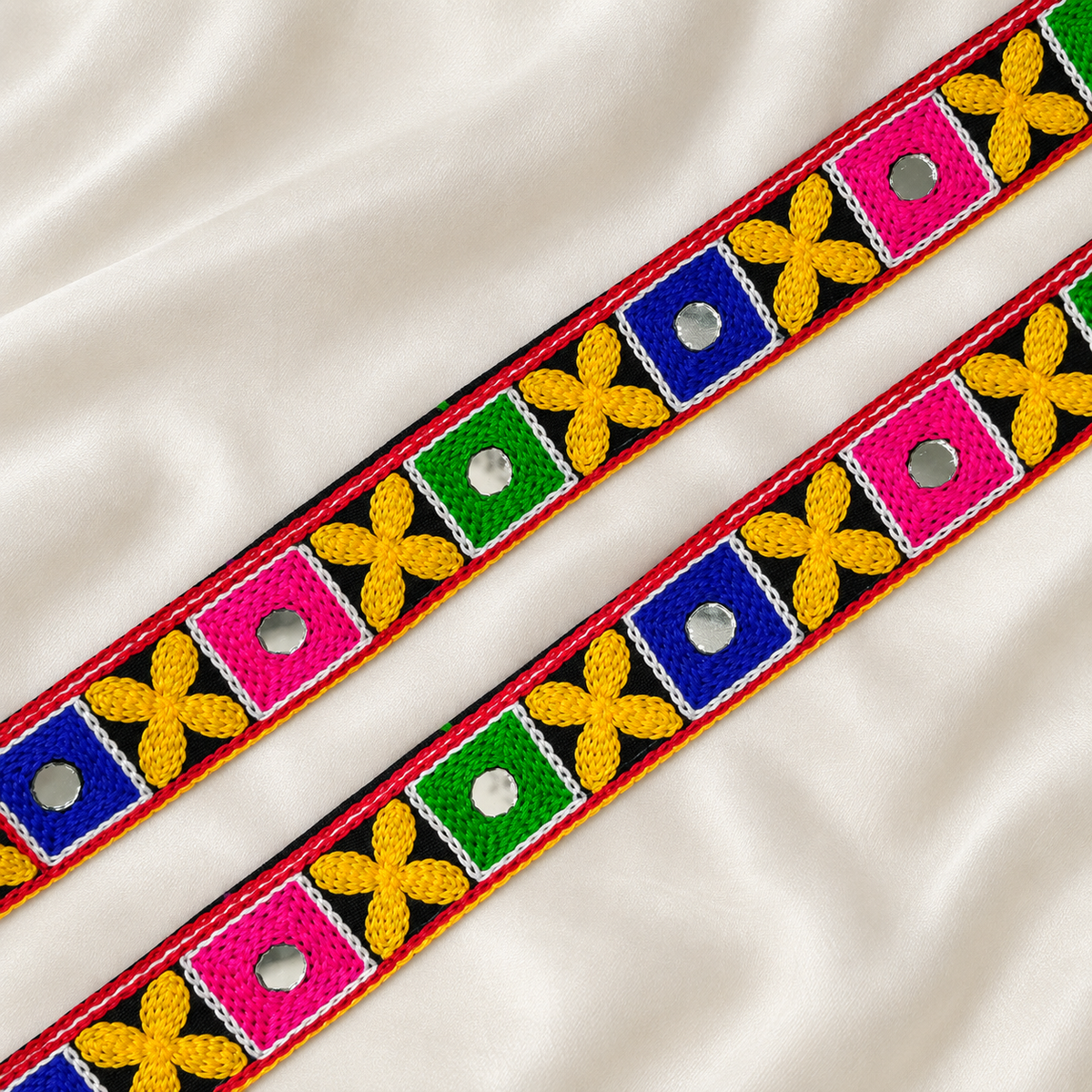 Floral and Square Mirror Work Embroidered Lace Trim