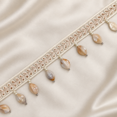 Leaf Embroidered Pearl and Teardrop Bead Fringe Lace Trim