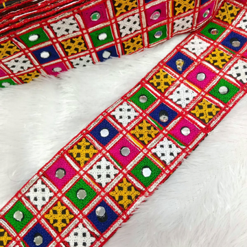 Geometric Mirror Work Thread Embroidered Wide Lace Border