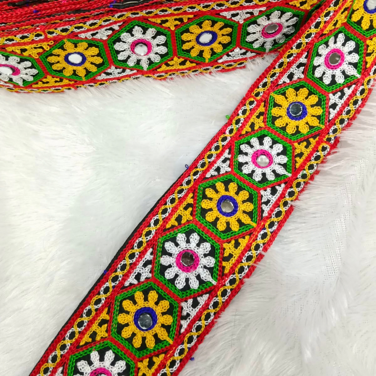 Hexagonal Floral Mirror Thread Embroidered Wide Lace Border