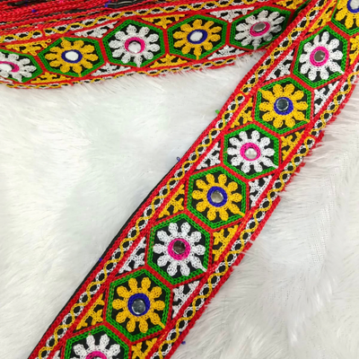Hexagonal Floral Mirror Thread Embroidered Wide Lace Border