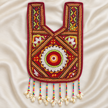 Floral Embroidered Neck Patch with Mirror Work & Beaded Tassel Fringe for Ethnic Wear