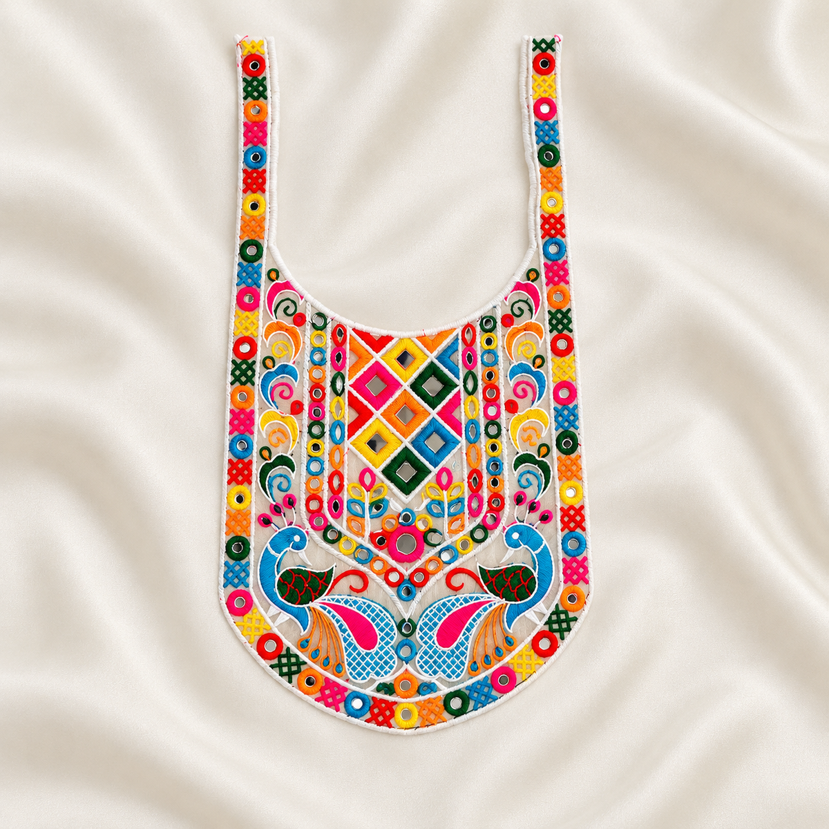 Peacock Motif Embroidered Neck Patch with Mirror Work for Ethnic & Designer Wear