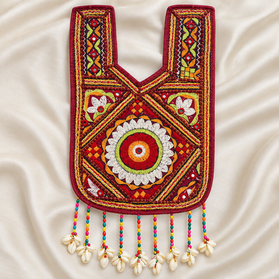 Floral Embroidered Neck Patch with Mirror Work & Beaded Tassel Fringe for Ethnic Wear