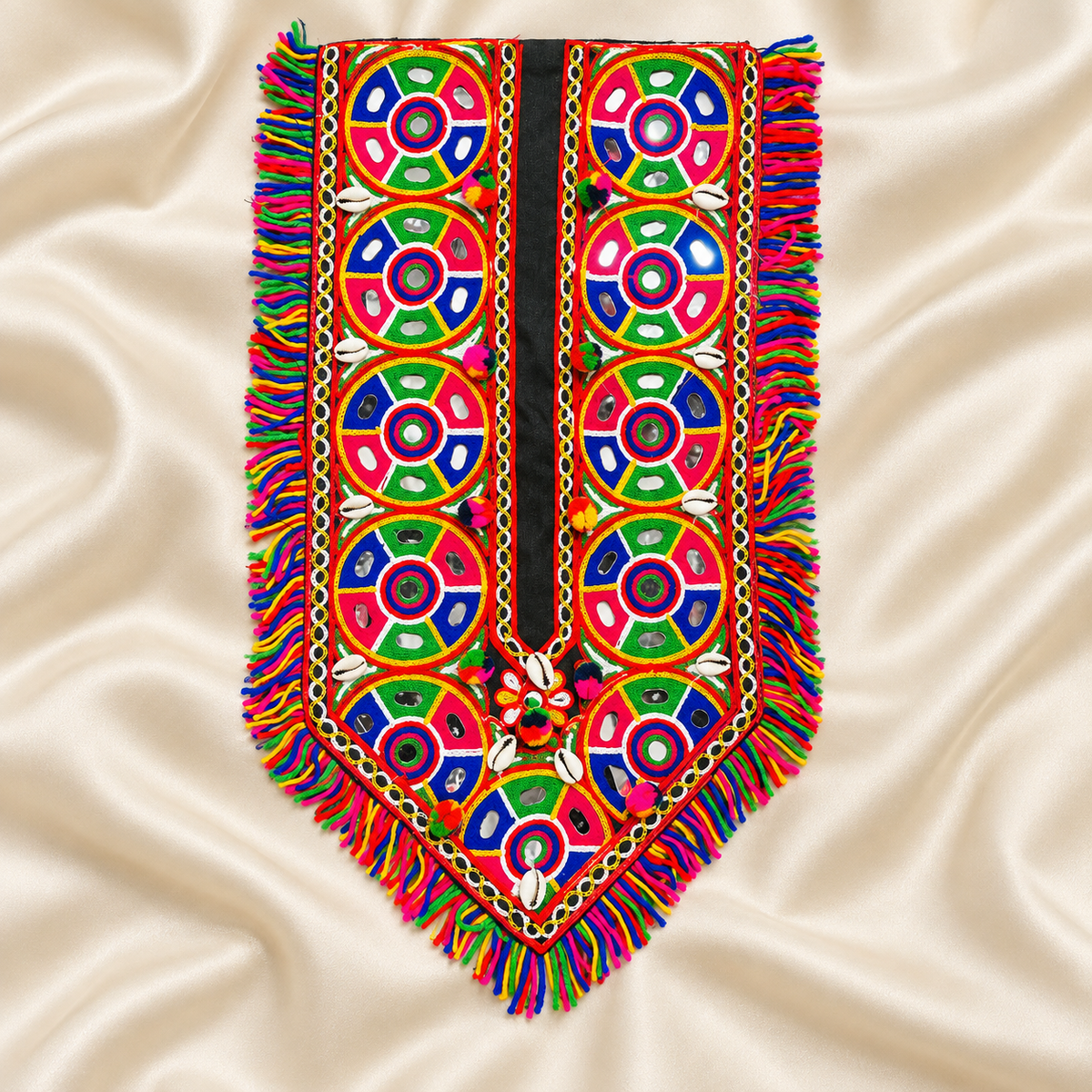 Mirror Work Embroidered Neck Patch with Fringe & Cowrie Shell Accents for Ethnic Wear