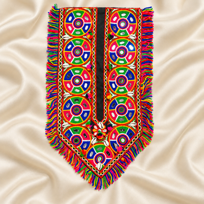 Mirror Work Embroidered Neck Patch with Fringe & Cowrie Shell Accents for Ethnic Wear