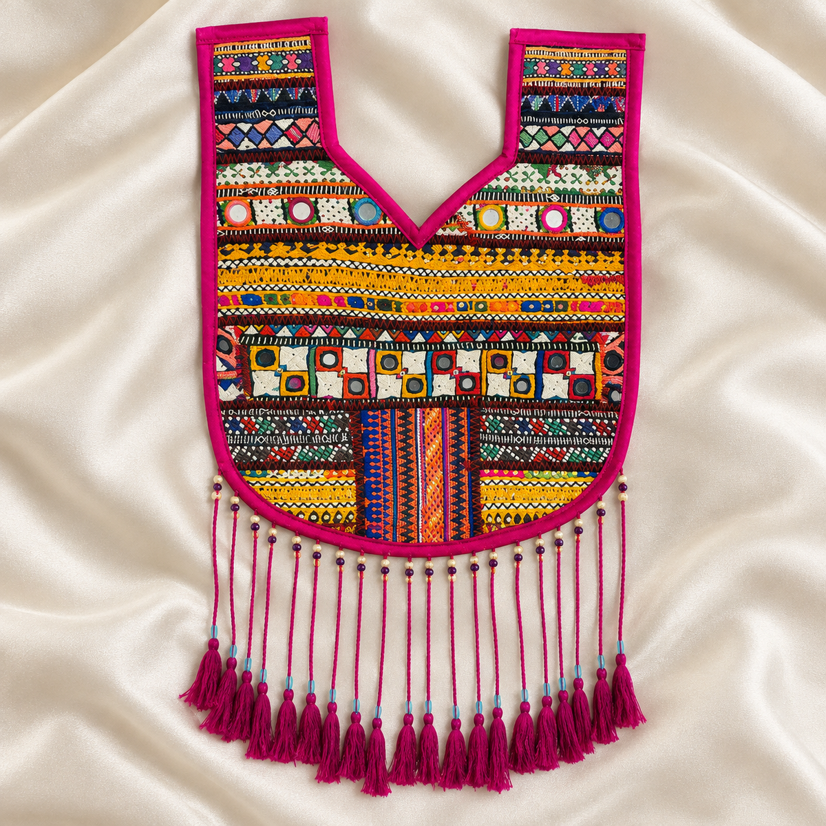 Geometric Embroidered Neck Patch with Mirror Work & Tassel Fringe for Ethnic Wear