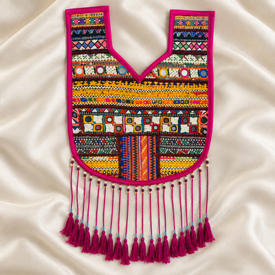 Geometric Embroidered Neck Patch with Mirror Work & Tassel Fringe for Ethnic Wear