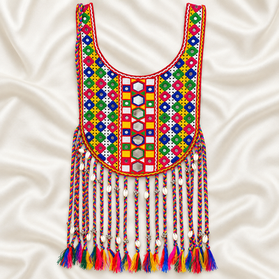 Geometric Embroidered Neck Patch with Mirror Work & Tassel Fringe for Ethnic Wear hover image