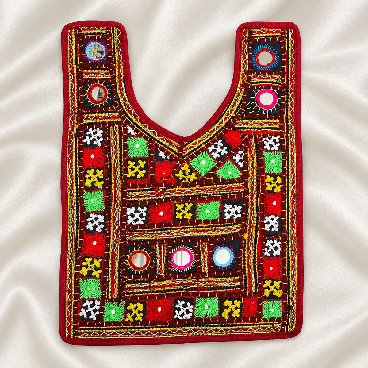 Mirror Work Embroidered Neck Patch with Geometric Floral Motifs for Ethnic Wear