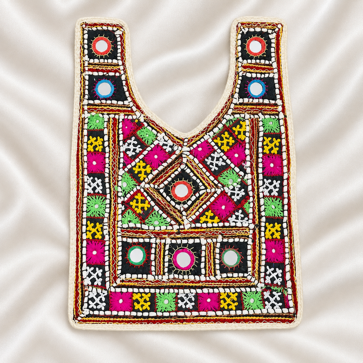 Mirror Work Embroidered Neck Patch with Geometric Floral Motifs for Ethnic Wear